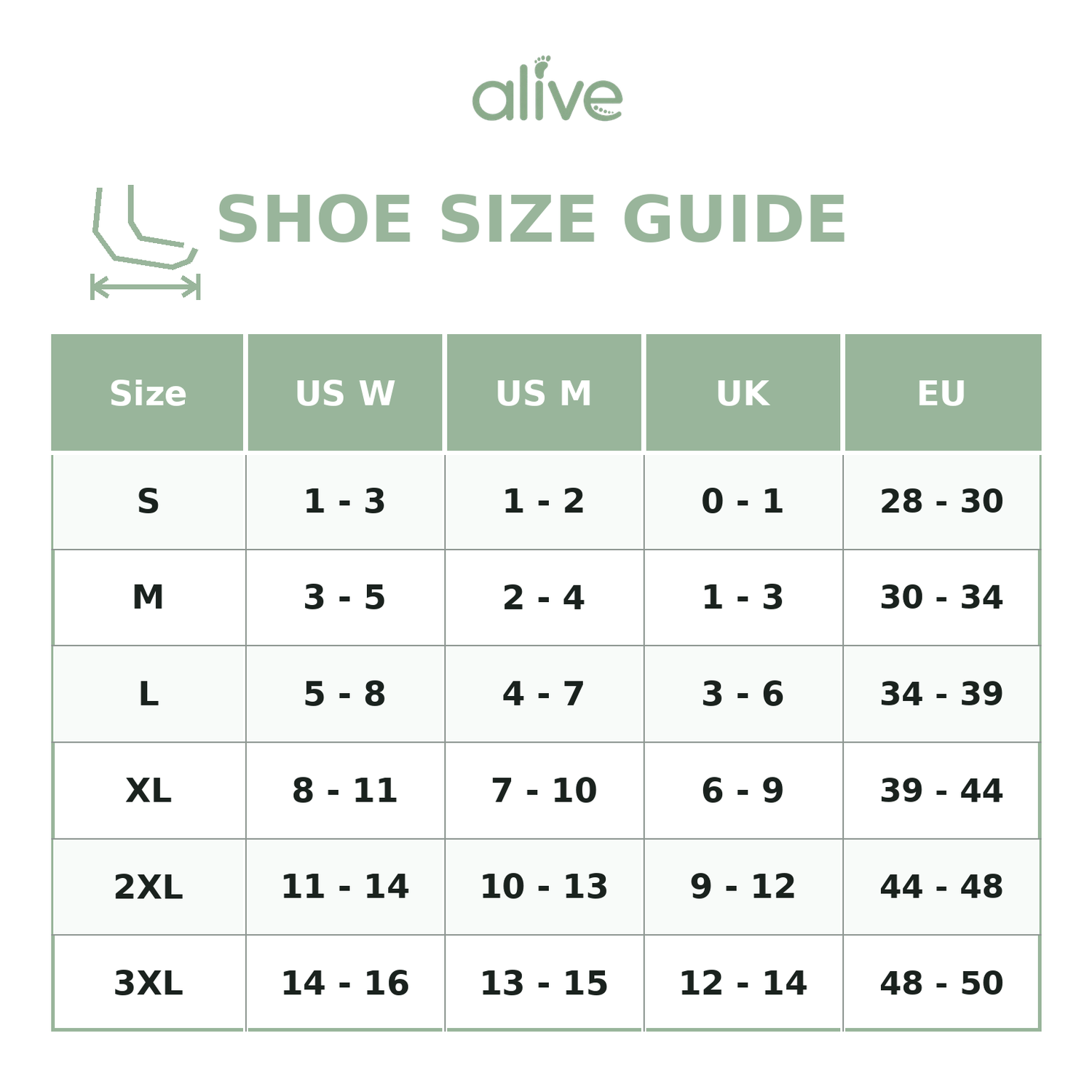 Alive Schuhgrößen-Guide für die Fersenbandage